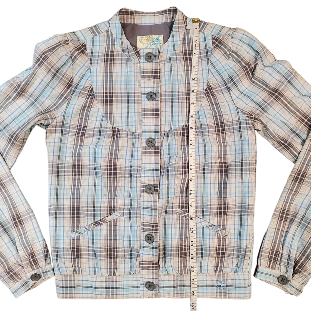 Split Women Blue Plaid Print Button Bomber Jacket Size XS - Picture 6 of 12